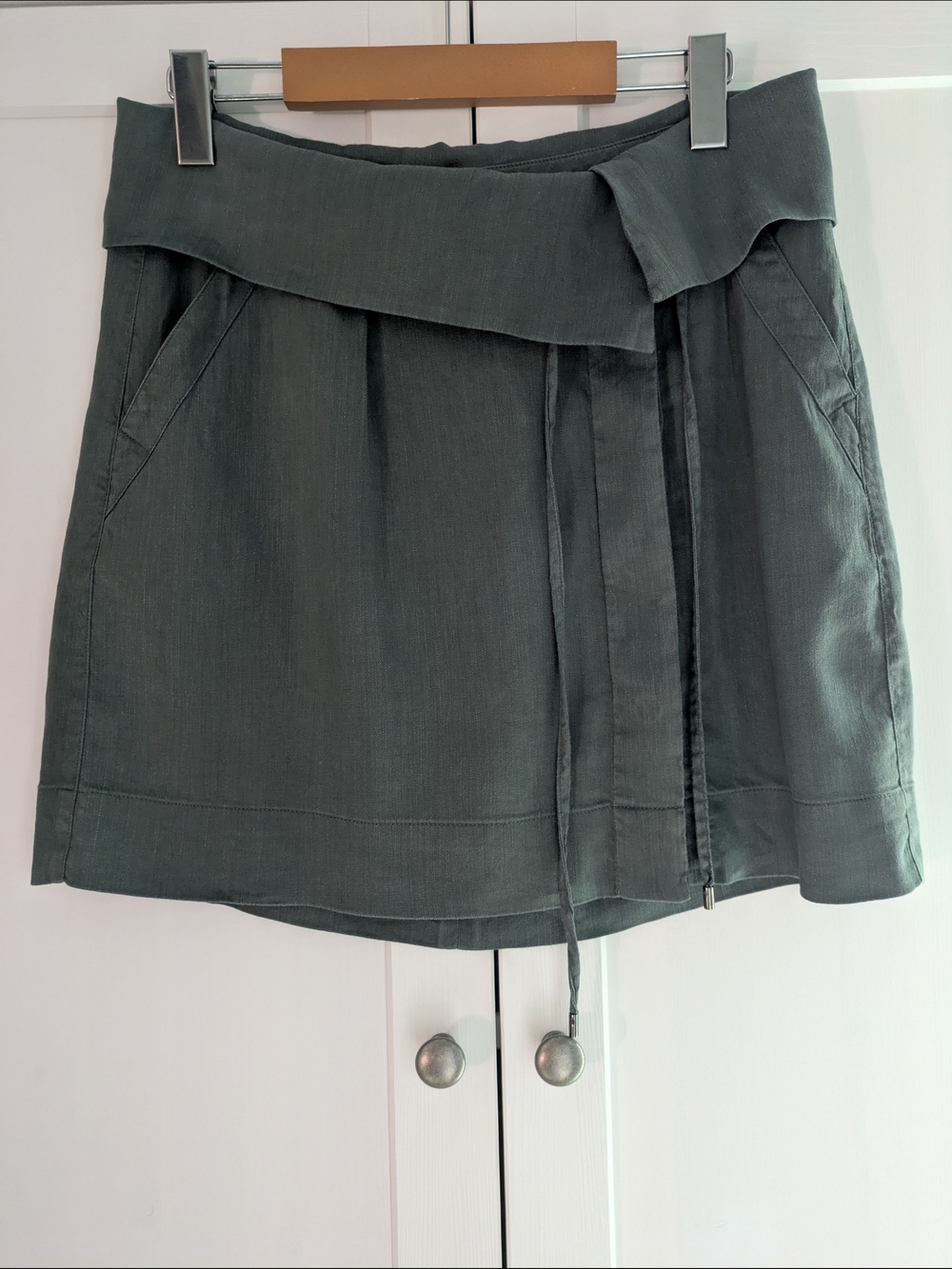 Vince Linen Fold Over Waistband Mini Skirt Sage Green Size 6 Summer Coastal